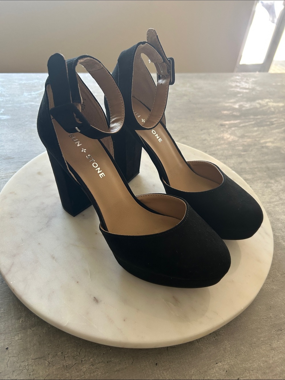 Sun + Stone Black Suede Ankle-Strap Block Heelse Size 7.5
